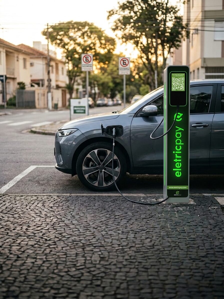 Carro elétrico carregando em totem EletricPay em vaga de rua